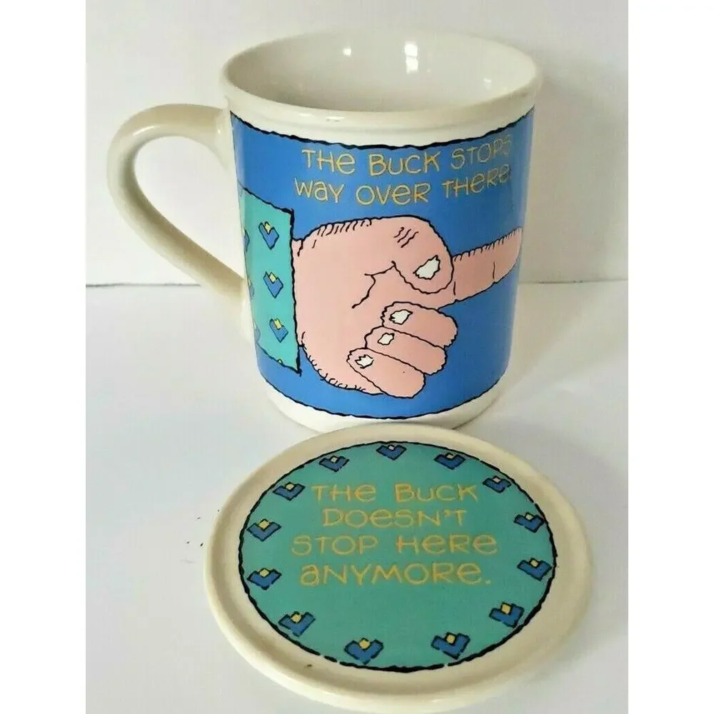 Vintage 1985 Hallmark Mug‎ Mates Coffee Cup With Lid The Buck Stop Over There MS